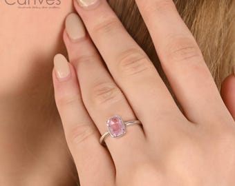 Square Pink Sapphire Ring, Sterling Silver, September Birthstonejewelry gifts engagement ring
