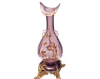 MONTJOYE Art Nouveau Rococo Vase on Brass Asymmetrical Feet, Hand-Painted Gold Detailing, Vintage