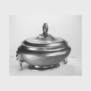 Soup tureen. Vintage tin, decorated with lions&#39; heads. France