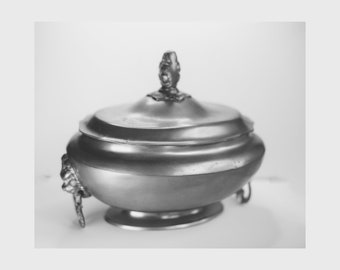 Soup tureen. Vintage tin, decorated with lions' heads. France