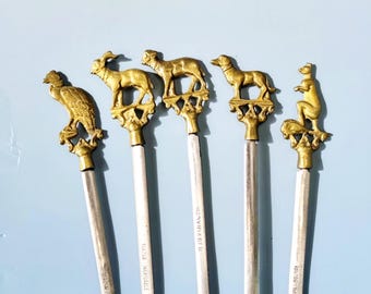 Lot de 5 brochettes de brochettes Tarzan sur le thème des animaux en laiton inoxydable