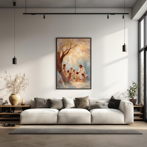 May include: A framed painting depicts a religious scene with figures under a tree. The artwork is displayed above a white sofa with several throw pillows. The room features a modern design with neutral colors, track lighting, and a large window.