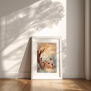 May include: A framed print of a religious scene. The artwork depicts a figure in white robes surrounded by a group of people under a tree. The color palette includes soft blues, yellows, and browns. The frame is white.