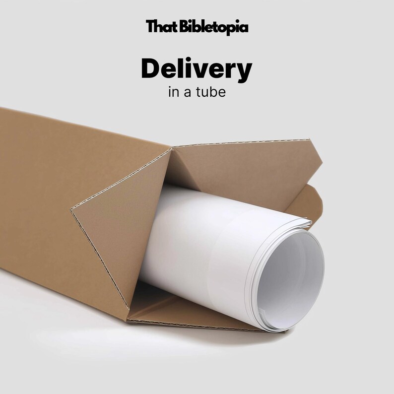 May include: A rolled-up white print inside a brown cardboard box. The box is open, revealing the print. Text at the top reads "That Bibletopia" and below it, "Delivery in a tube."