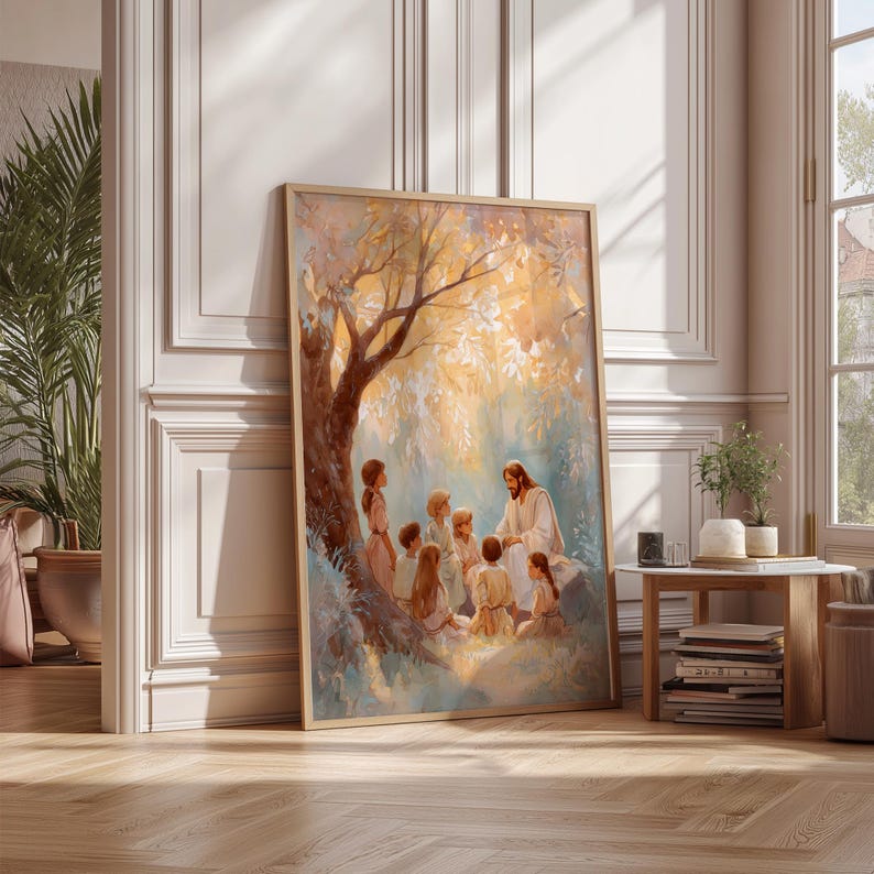 May include: A framed art print depicts a religious scene with a central figure in white robes teaching a group of children under a tree. The artwork features warm tones of gold, brown, and blue, creating a serene and educational atmosphere.