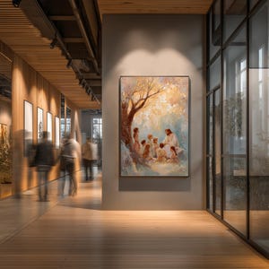 May include: An oil painting depicts a religious scene with a central figure in white robes teaching a group of children under a tree. The artwork is displayed in a modern hallway with wooden accents and glass windows, creating a gallery-like atmosphere.
