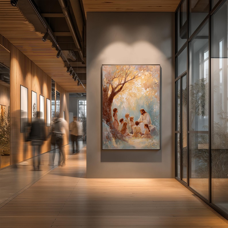May include: An oil painting depicts a religious scene with a central figure in white robes teaching a group of children under a tree. The artwork is displayed in a modern hallway with wooden accents and glass windows, creating a gallery-like atmosphere.