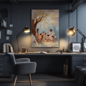 May include: A framed painting depicts a religious scene with a figure in white robes teaching a group of children under a tree. The painting hangs above a desk with a lamp, books, and a chair. The room is painted in dark blue.