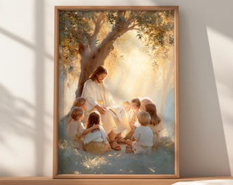 Jesus Teaching Children Christian Wall Art, Bible Artwork, Nursery Faith Poster, Home, Church, Gift Decor
