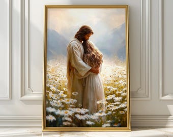 His Love Christian Wall Art Print, Jesus Hugging Woman Illustration, Bible Faith Artwork, Spiritual Home Decor, Prayer Room Interior Gift