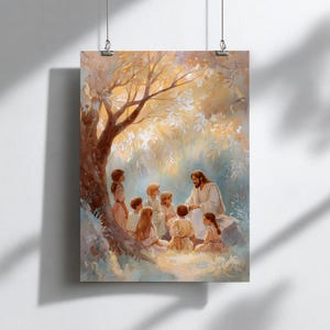 May include: A framed print depicting a religious scene. A man with a beard in white robes sits under a tree, surrounded by children. The artwork features soft colors, with a focus on the figures and the natural setting.