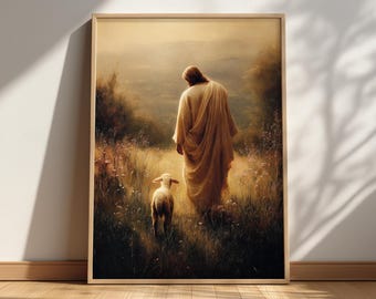 Jesus Leaves the 99 Christian Wall Art Print, Good Shepherd Artwork with Lamb, Lost Sheep Parable Bible Landscape Home Printed Shipped