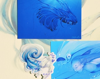 Trio Bleu (deux cartes postais et un autocollant)