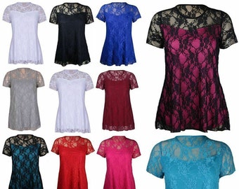 Ladies Plus Size Short Lace Sleeve Flower Lined Stretch T-Shirt Tunic Party Top