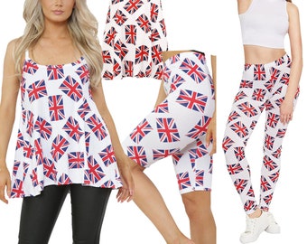 Women's Union Jack Flag Summer Cami Dress Leggings Vest Shorts Festival Size 8-22