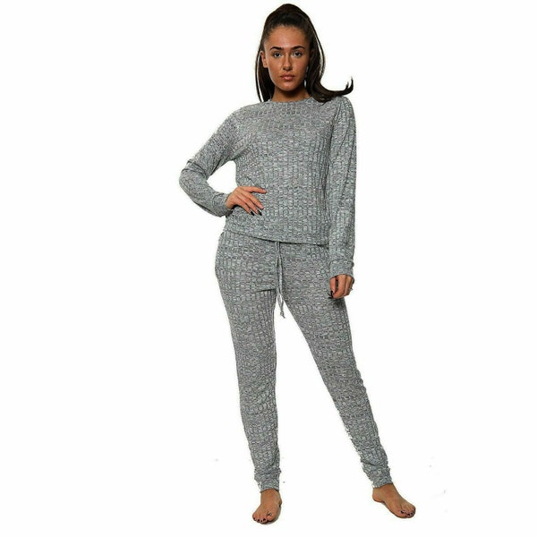 Womens Ladies 2 PC Marl Knitted Ribbed Bottom Lounge Wear Suit Set Women's Tracksuit