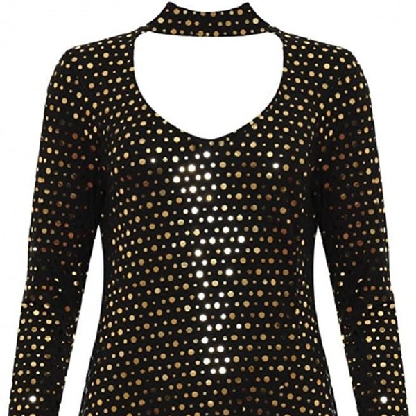 Ladies Plus Size Womens Long Sleeve Choker V-Neck Shiny Sequin Polka Dot Flared Swing Dress UK Size 14-26