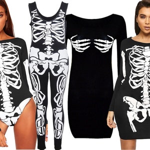 Ladies Plus Halloween Skeleton Bodycon Dress Bones Bodysuit Size 8-22