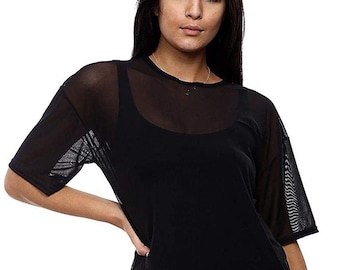 Ladies Short Sleeve Fishnet Sheer Mesh Oversized Longline T-Shirt Dress Tunic Baggy Top One Size 8-16