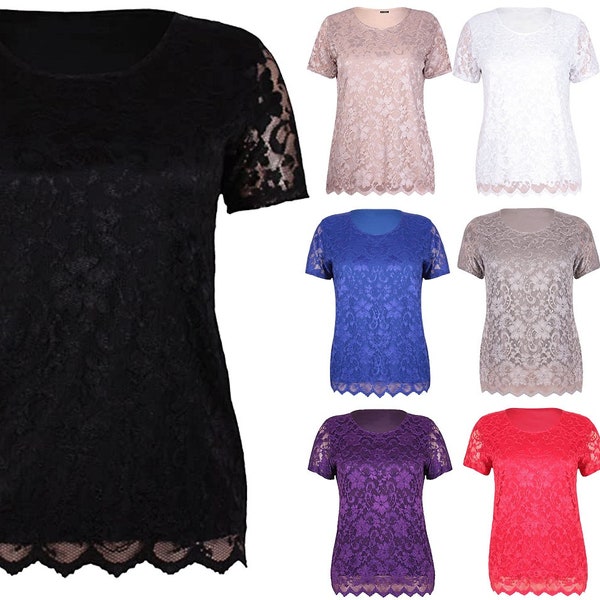 Womens Lace Lined Scallop Edge Short Sleeve T-Shirt Top Size 14-28