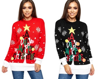 Women's Knitted A Very Merry Christmas Novelty Long Sleeve Xmas Tree Ladies Pom Jumper UK 8-24