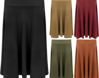 Womens Suede Look Flared Swing Skirt Ladies Plus Size Knee Length Skater Skirt