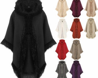 Ladies Plain Faux Fur Trim Hood Cape Shawl Cloak Women Poncho Coat Top