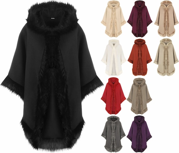 Onafhankelijk Onnauwkeurig verteren Ladies Plain Faux Fur Trim Hood Cape Shawl Cloak Women Poncho - Etsy