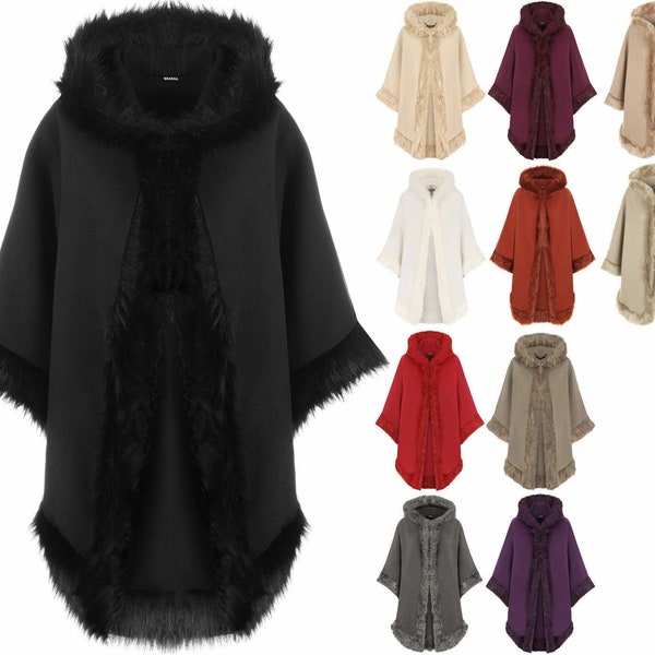 Ladies Plain Faux Fur Trim Hood Cape Shawl Cloak Women Poncho Coat Top