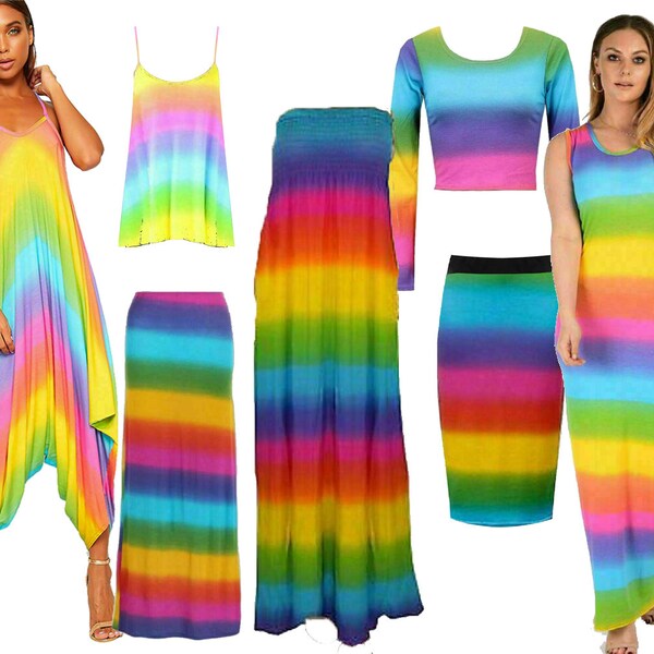 Women's Rainbow Summer Maxi Dress Jumpsuit Skirt Crop Top Cami Vest Festival Size 8-22