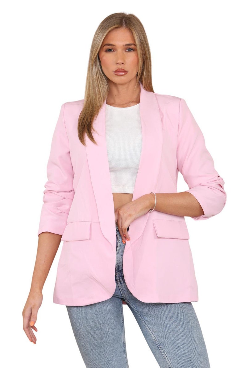 Womens Ruched Sleeve Fully Lined Blazer Collared Casual Ladies Formal Jacket Top Size 8-20 immagine 3