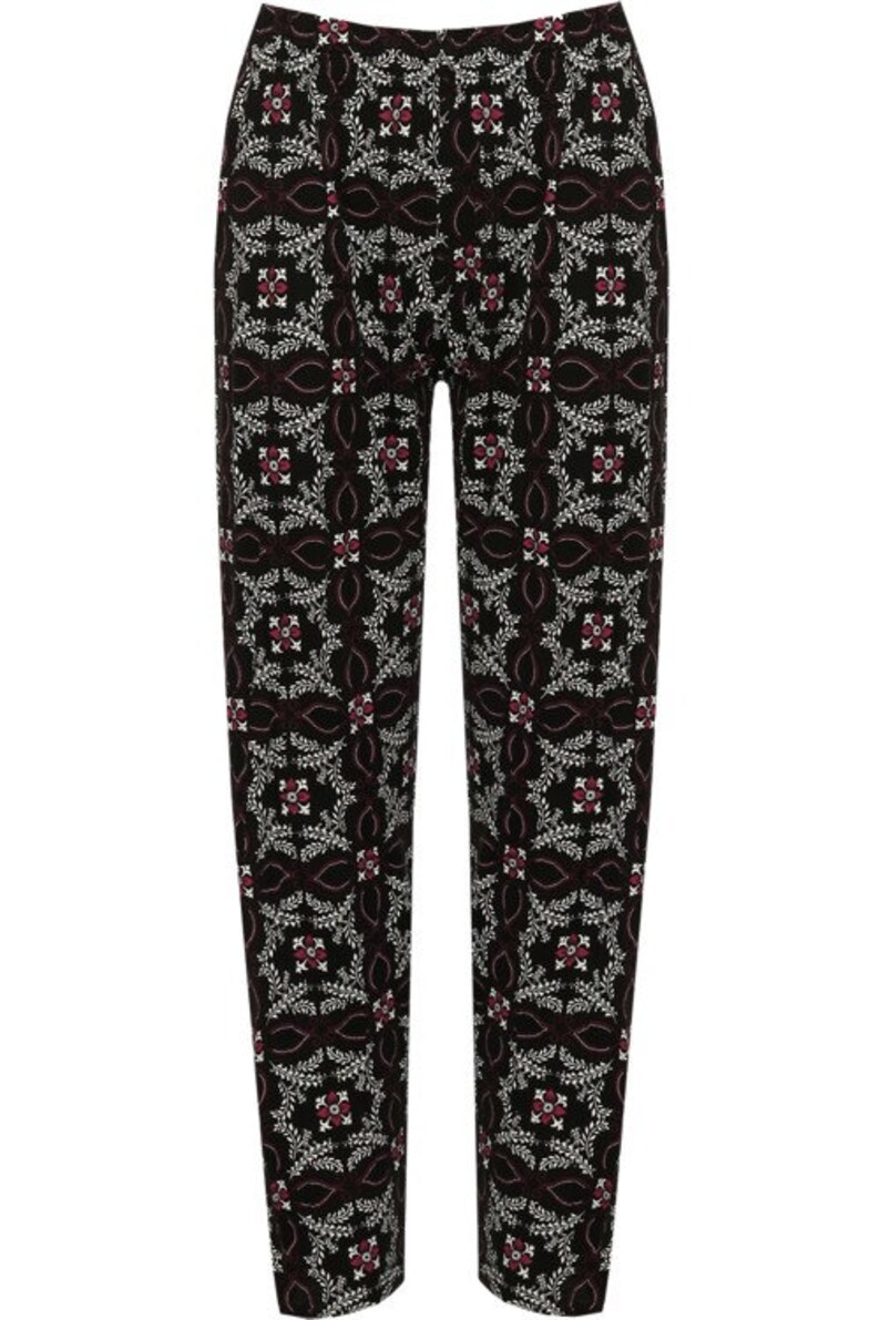 Womens Plus Floral Full Length Trousers Elasticated Waist Royal Flower Purple