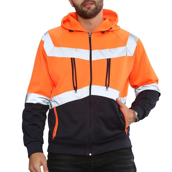 Men's Hoodie Safety Work Pullover 5-ZIP Hoodie Hi-Vis Zipper 2-Tone Warm Pockets Sizes Small – 5XL