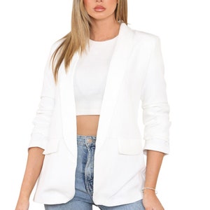 Womens Ruched Sleeve Fully Lined Blazer Collared Casual Ladies Formal Jacket Top Size 8-20 immagine 8