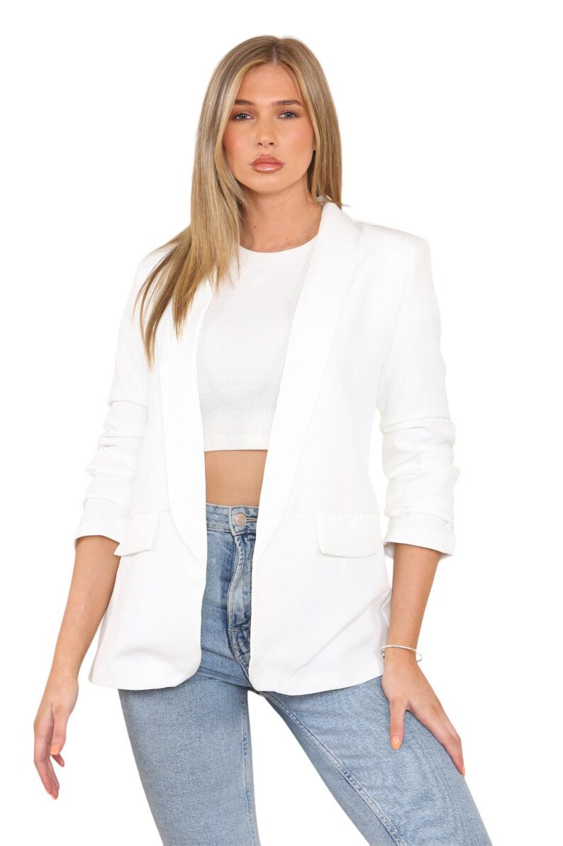 Womens Ruched Sleeve Fully Lined Blazer Collared Casual Ladies Formal Jacket Top Size 8-20 immagine 8