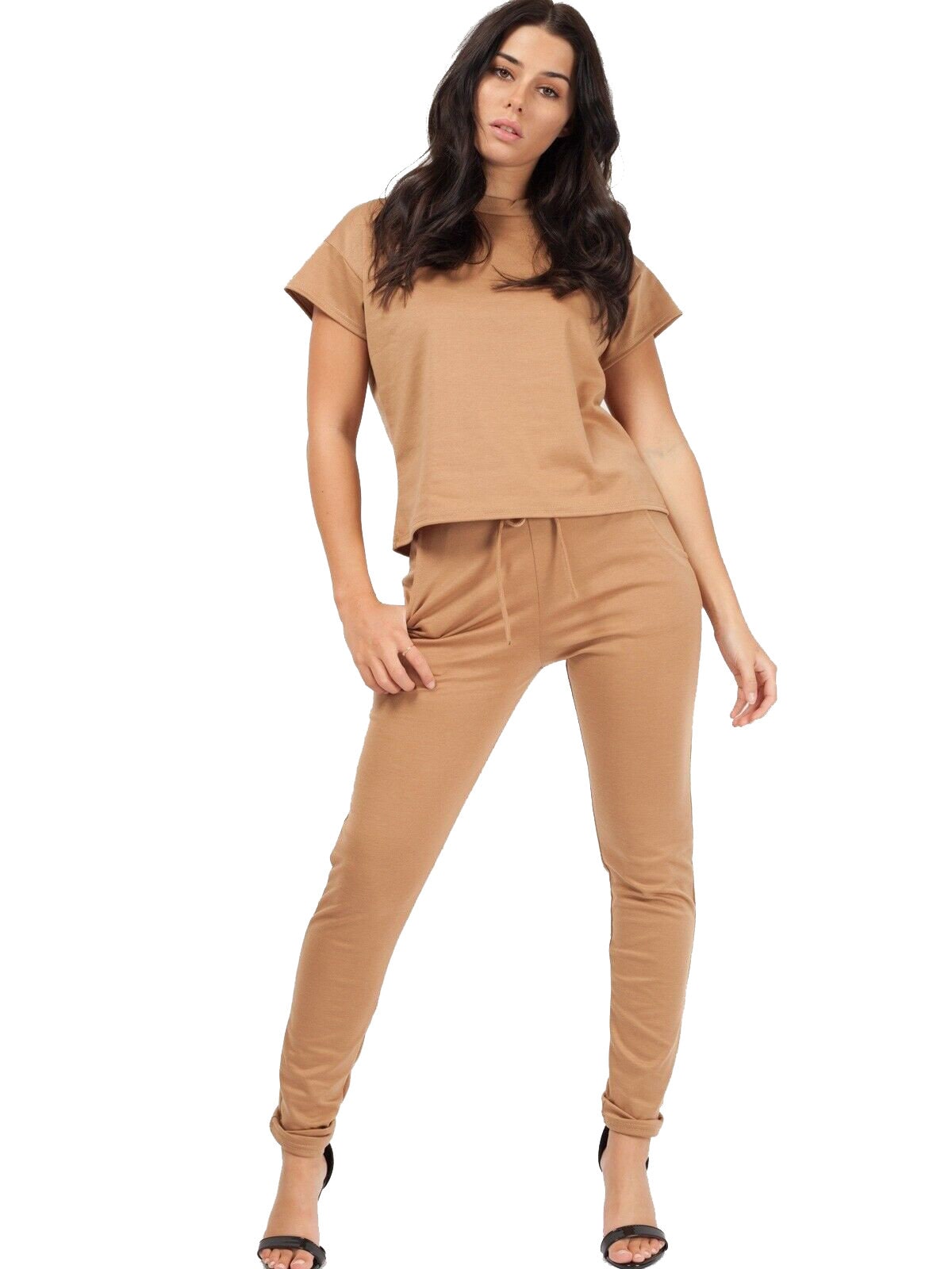 Ladies Short Sleeve Casual Comfy Two Piece Suit Set Cropped Length