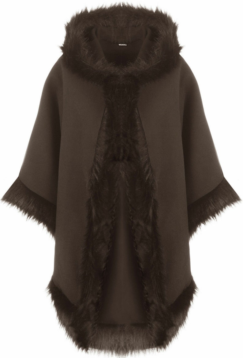 Ladies Plain Faux Fur Trim Hood Cape Shawl Cloak Women Poncho - Etsy UK