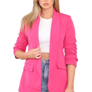 Womens Ruched Sleeve Fully Lined Blazer Collared Casual Ladies Formal Jacket Top Size 8-20 immagine 6