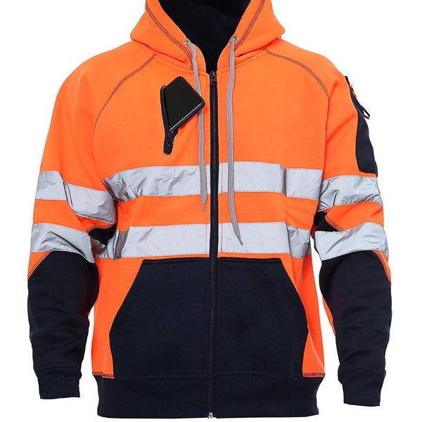 Men's Hoodie Safety Work Pullover 3-ZIP Hoodie Hi-Vis Patch 2-Tone Warm Pockets S–5XL