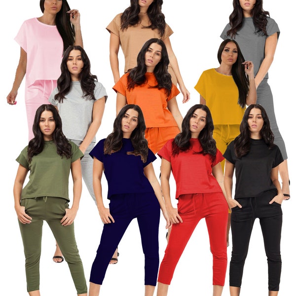 Ladies Short Sleeve Casual Comfy Two Piece Suit Set Cropped Length Joggers Travel Lounge Wear Suit 8-22