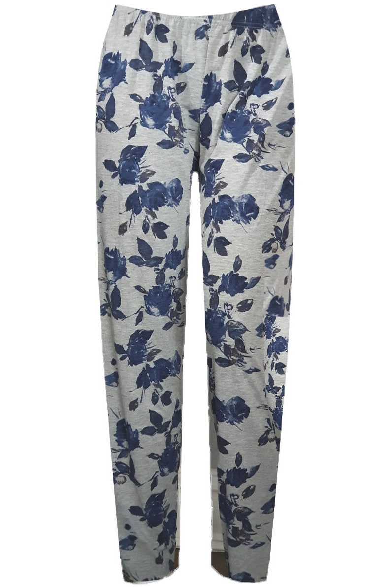 Womens Plus Floral Full Length Trousers Elasticated Waist Grey Blue Flower