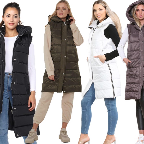 Ladies Padded Gilet Longline Hooded Jacket Quilted Winter Wear Long Hooded Side Split Puffer Long Body-Warmer Coat Size 8-18