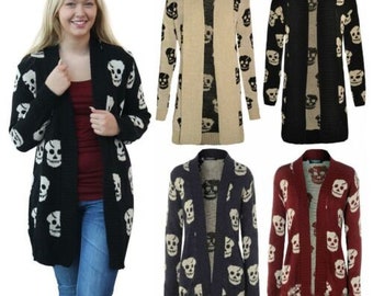 Ladies Skull Print Long Sleeve Knitted Ladies Long Sleeve Open Cardigan Jumper Size 8-22