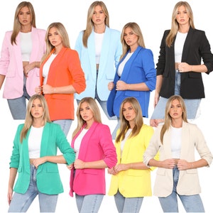 Womens Ruched Sleeve Fully Lined Blazer Collared Casual Ladies Formal Jacket Top Size 8-20