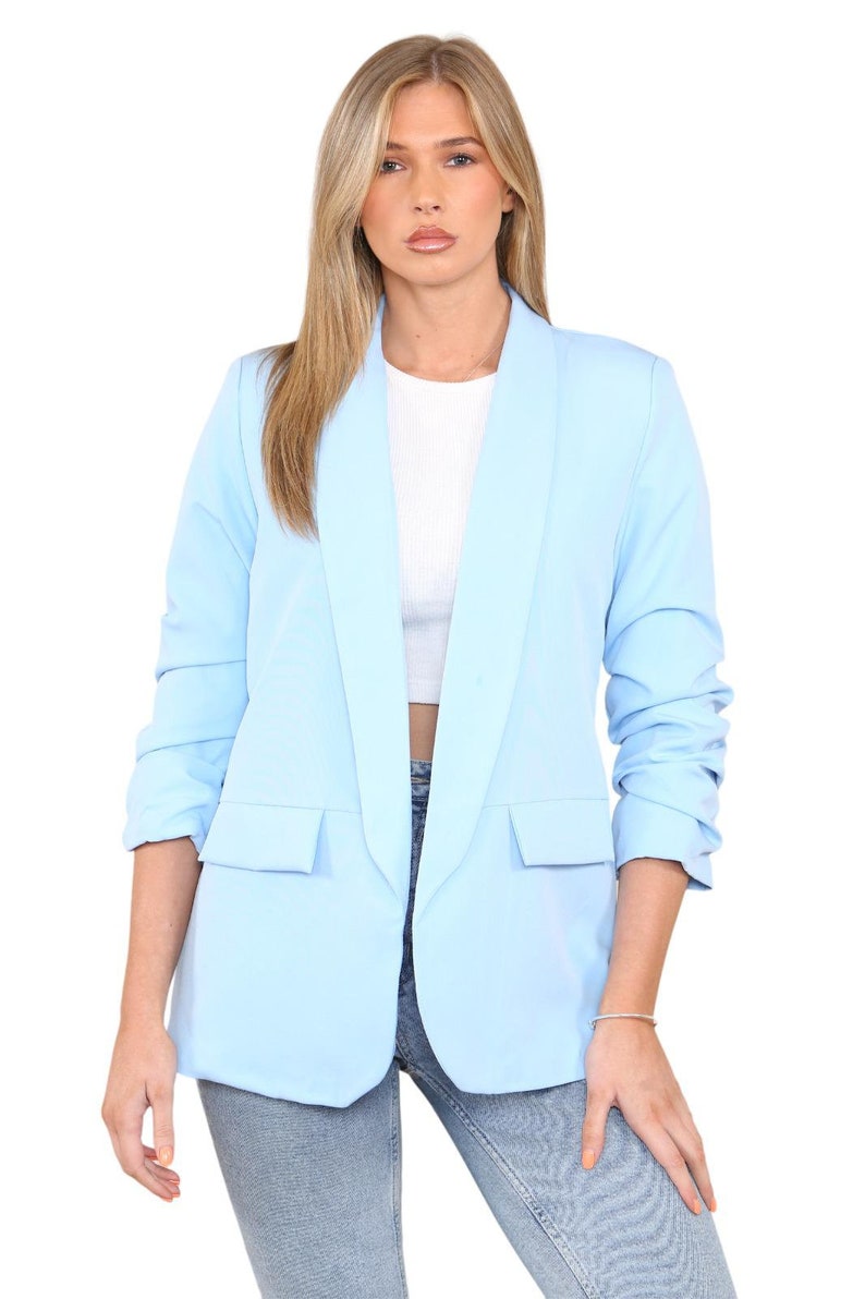 Womens Ruched Sleeve Fully Lined Blazer Collared Casual Ladies Formal Jacket Top Size 8-20 immagine 2