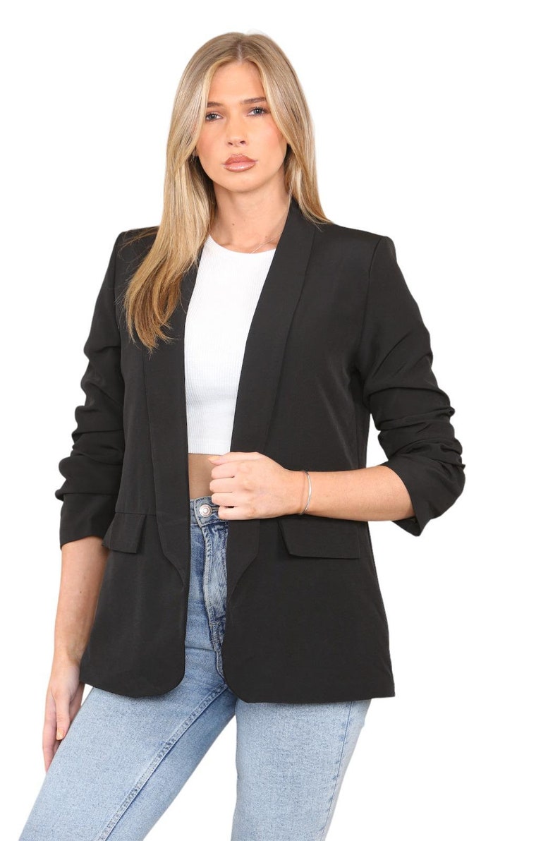 Womens Ruched Sleeve Fully Lined Blazer Collared Casual Ladies Formal Jacket Top Size 8-20 immagine 5