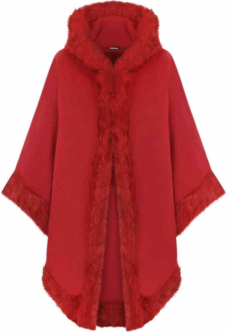 Ladies Plain Faux Fur Trim Hood Cape Shawl Cloak Women Poncho - Etsy UK