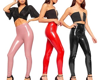 Women's Wet Look Shiny Vinyl High Waisted Elasticated Jeggings Ladies Leggings UK Size 6-12