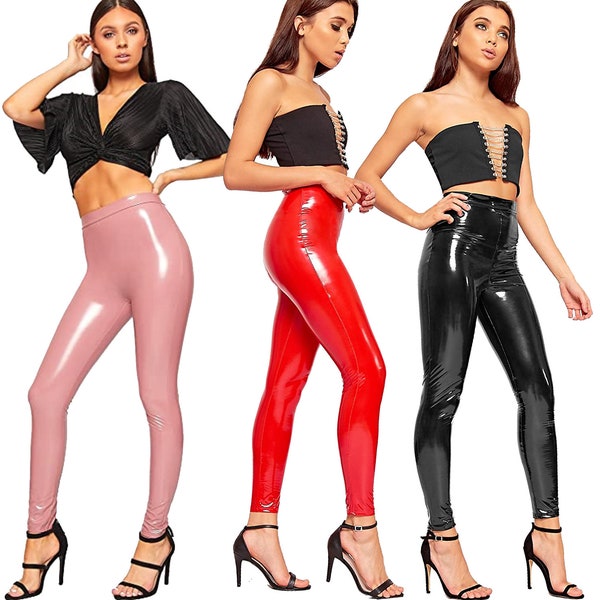 Women's Wet Look Shiny Vinyl High Waisted Elasticated Jeggings Ladies Leggings UK Size 6-12