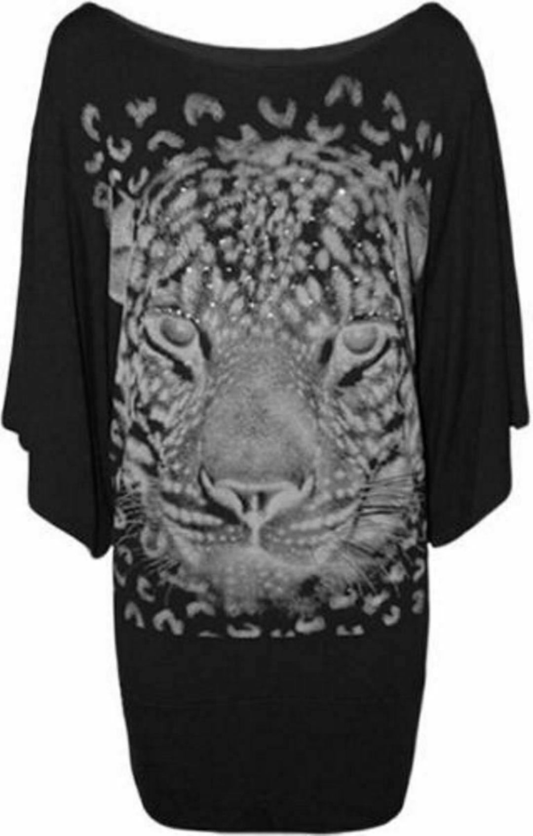 Ladies Plus Sequin Tiger Face Animal Print 3/4 Sleeve Batwing Tops